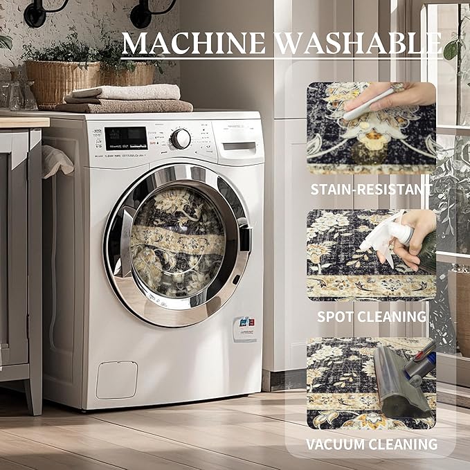 Area Rug for Living Room - Indoor Machine Washable Vintage Rugs for Bedroom Dinning Room Floor Carpet Non-Slip Backing Rugs Floral Soft Low-Pile Office Rug (Black/Beige, 6' × 9')