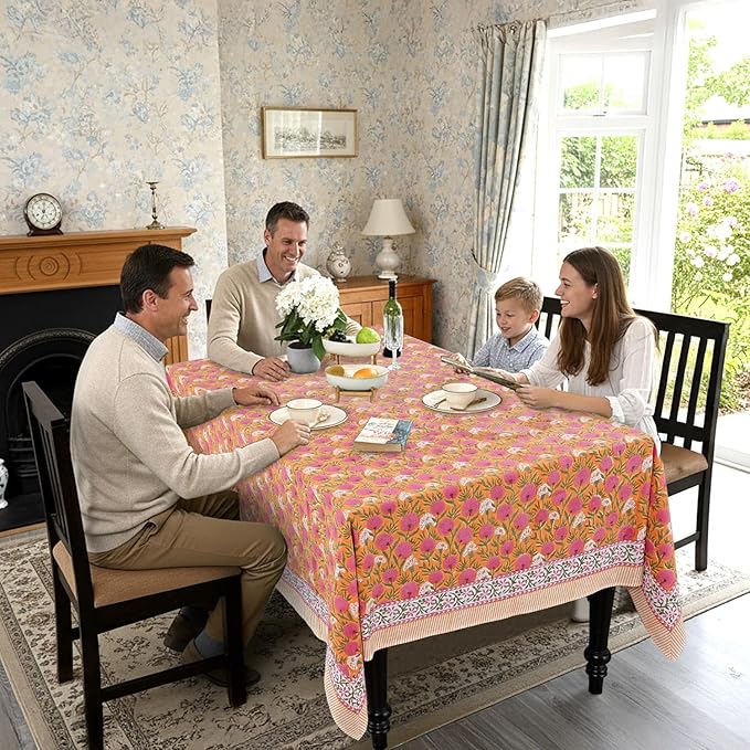 Ridhi -Bubblegum Pink Cotton Tablecloth, Handblock Print Floral Table Cloth for Kitchen Dining Linen I Thanksgiving, Christmas, Wedding, Fall Décor 16 Seater 72X190 Inches Rectangle