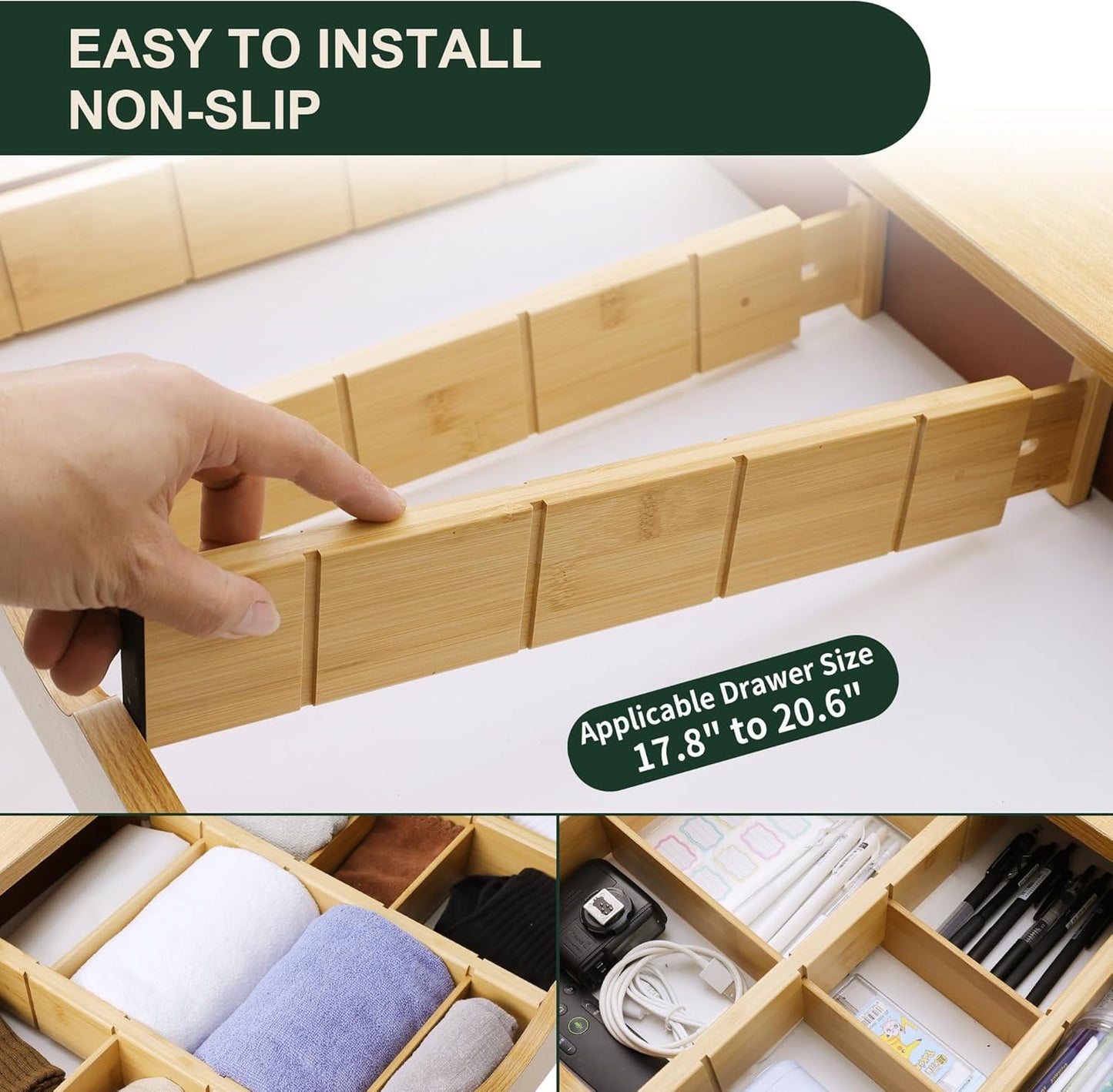 Utoplike Kitchen Drawer Divider with Inserts, Bamboo Drawers Organizer Adjustable, 4 pcs Large Expandable Wood Socks Drawer Organization for Dresser, Office, Spring Loaded