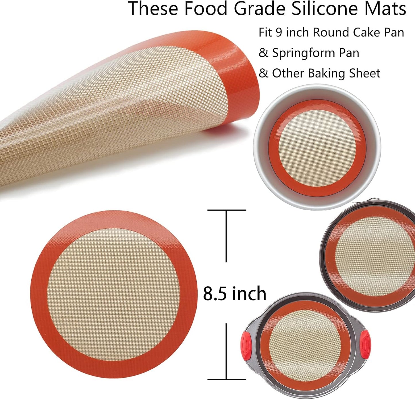 Silicone Baking Mats, 2 PCS Round Silicone Mats for 9 Inch Cake Pan, Non-Stick Reusable Cookie Sheet Liners for Baking Pans for Cake/Bread/Pizza/Macaron/Pastry/Cookie/Bun/Pie