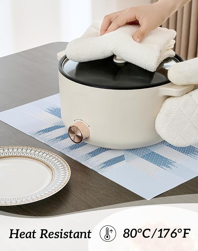 Leetaltree Geometric Print Blue Placemats Set of 8 - Heat Resistant Non-Slip Place mats for Dining Table, Washable Durable PVC Vinyl Woven Table Mats (Geometric Blue, 8)