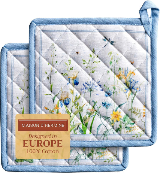 Maison d' Hermine Pot Holders Set 100% Cotton Heat Resistant Potholders 8" x 8" Hot Pads with Loop BBQ, Cooking, Baking, Grilling, Kitchen, Handling Hot Pans Spring/Summer (Pack of 2, Fleurs De Mai)