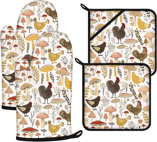 Rooster Oven Mitts and Pot Holders Sets 4Pcs,Extra Long Oven Gloves Potholder for Kitchen Cooking Baking BBQ 100% Cotton Heat Resistant