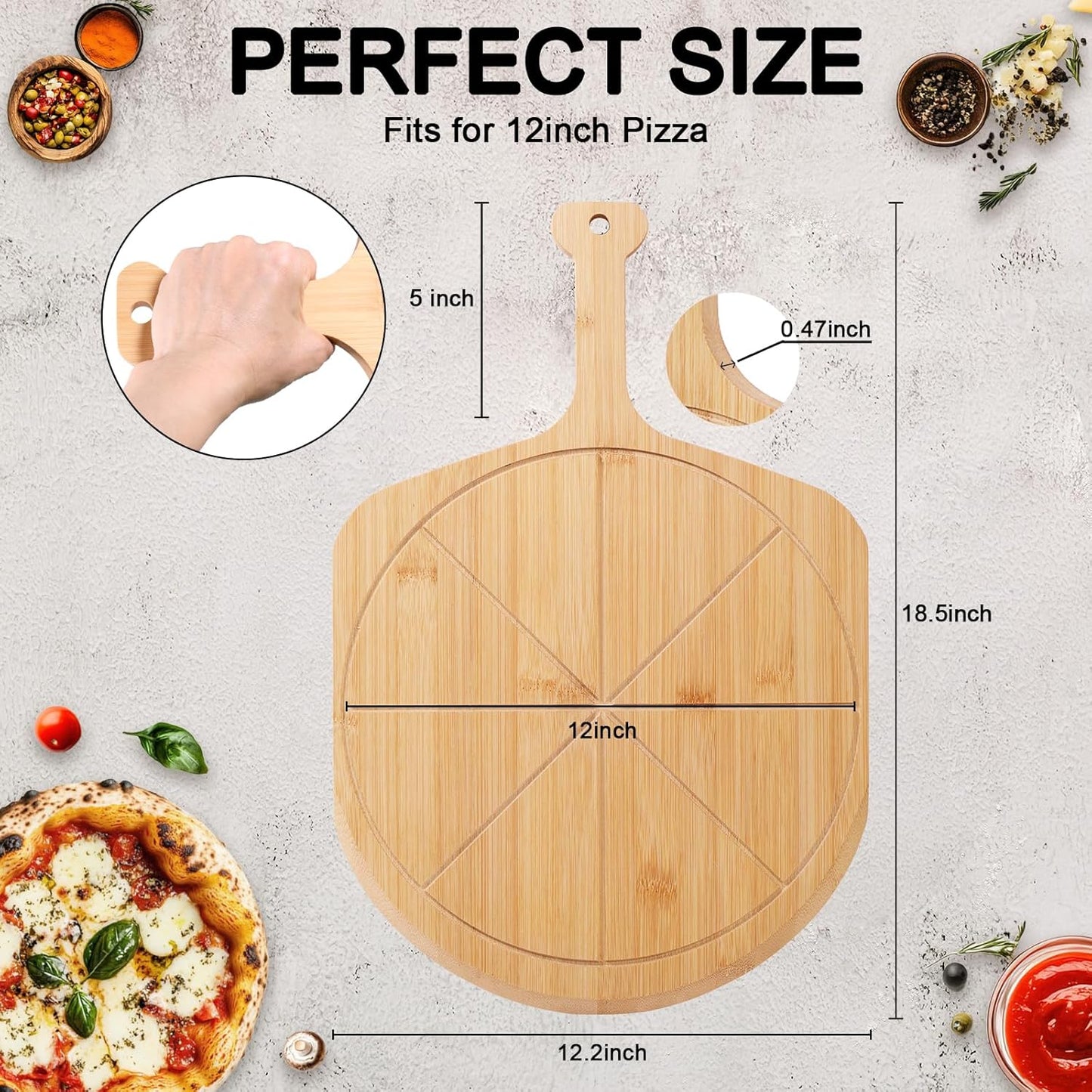 Bamboo Pizza Peel - 18.5"x12.2" with 12" Pizza Cutting Board, Pizza Paddle Spatula with 8 Slice Grooves, also fit for Cheese Bread Fruit Vegetables