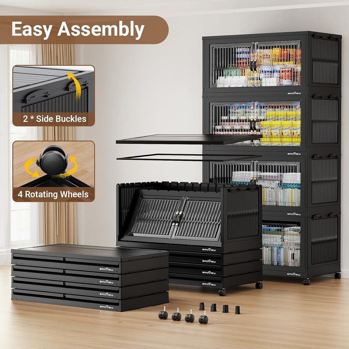 800Qt Extra Large Stackable Storage Bins with Lid, Closet Organizer Collapsible Drawer Boxes with Wheels, Folding Plastic Cabinet Containers for Home Kitchen Room Organization, 4Pack Black