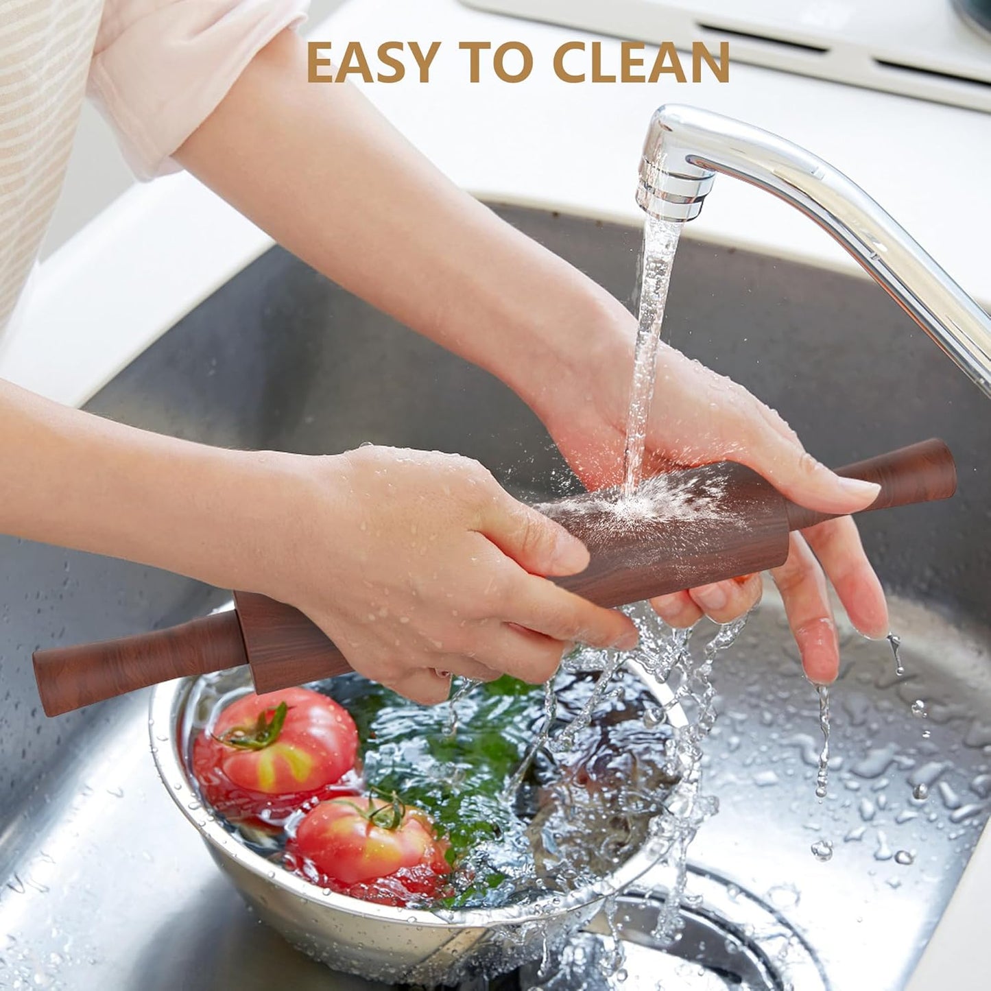 Classic Wooden Rolling Pin with Handle for Fondant, Pizza, Pies, Cookies, Pastries, Rolling Pin for Baking with 3 Multi-Color Thickness Rings, 17" x 2.5" (Include handle) Sapele Rolling Pin