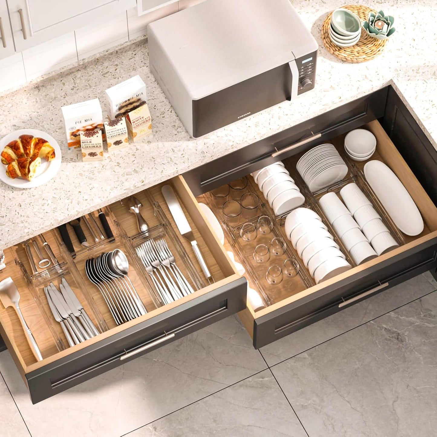 HiYZ Expandable Drawer Dividers with Inserts - Adjustable Drawer Organizers Separators for Kitchen, Bedroom, Dresser, Office, 8 Long Dividers(12.6-22.8 IN) with 10 Inserts(3.9-7.1 IN) - Clear