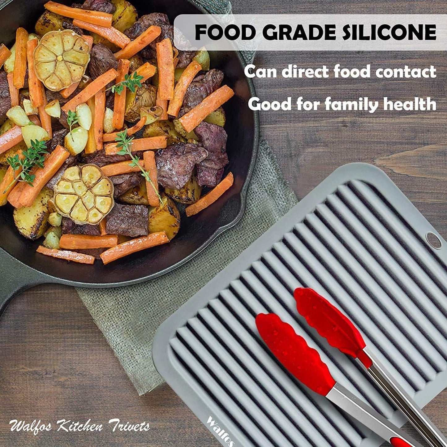 Walfos Silicone Trivets for Hot Pots and Pans - Heat Resistant Hot Pads for Kitchen Counter- 4 Pcs Multi-Purpose & Versatile Trivet Mat - Long-Lasting & Flexible Silicone Hot Pad（Gray）