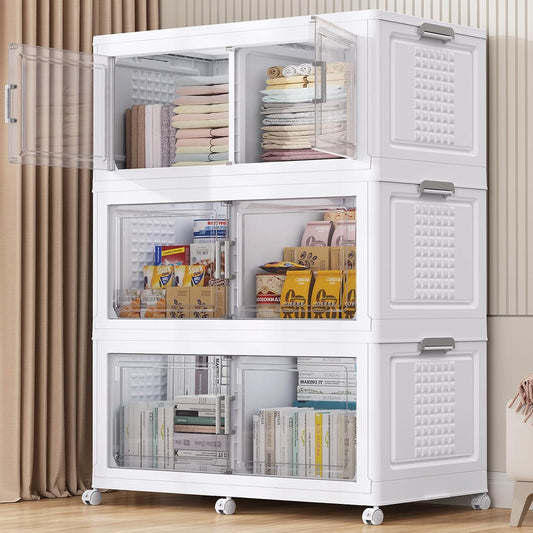 52.7"H 150Gal Plastic Storage Bins with Lid & Wheels,3Pack Extra Large Stackable Storage Bins with Dividers,Closet Organizers and Storage Cabinet Shelves Collapsible Box for Home Kitchen,White