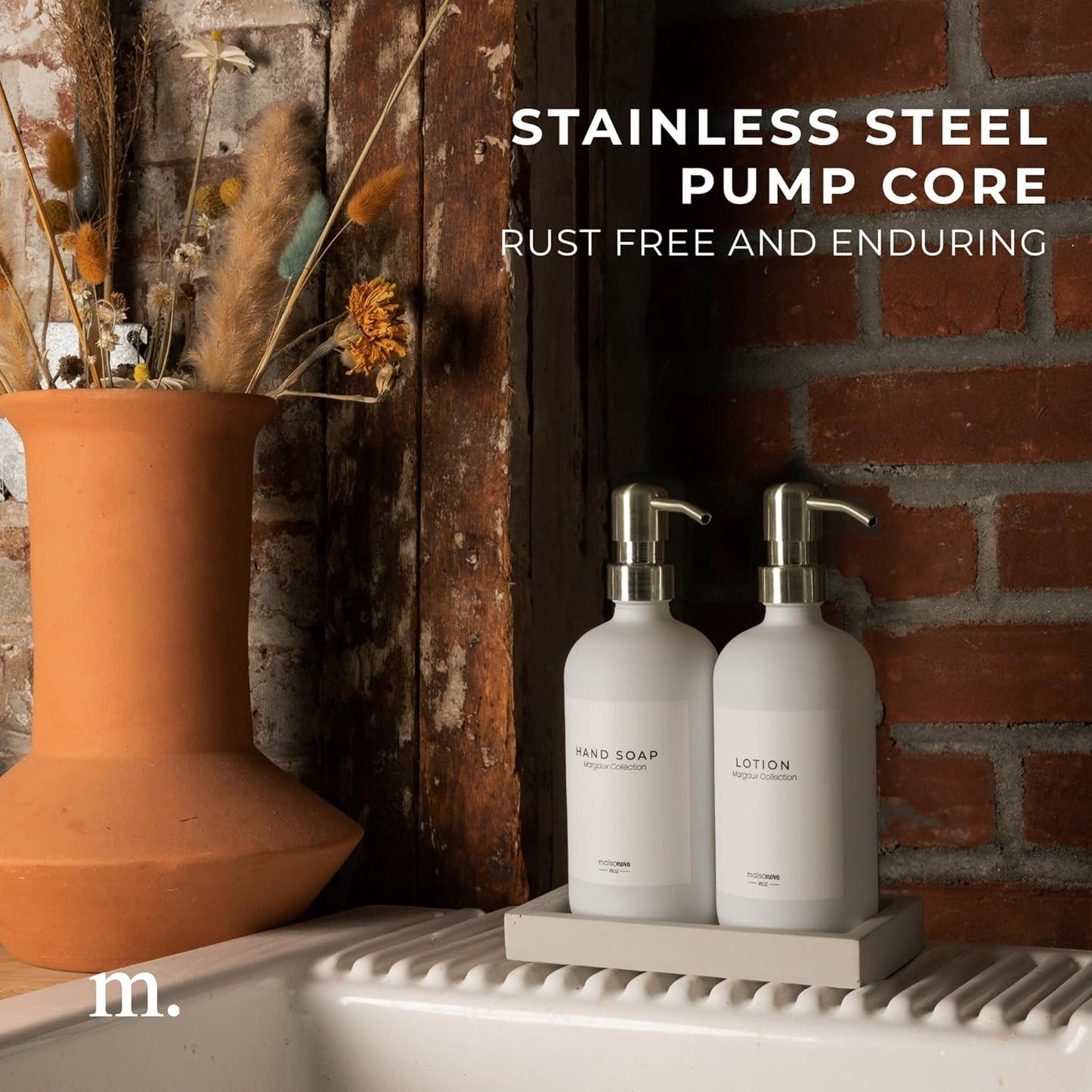 MaisoNovo Soap Dispenser 3-Piece Set | 16.9oz White Bottles with Silver Stainless Steel Pumps