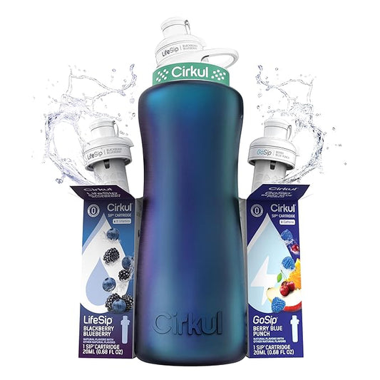 Cirkul 32oz. Chameleon Stainless Steel Water Bottle Starter Kit with Green Lid, 2 Flavor Cartridges (1 LifeSip Blackberry Blueberry, 1 GoSip Berry Blue Punch) No Sugar, Zero Calorie Drink Mix