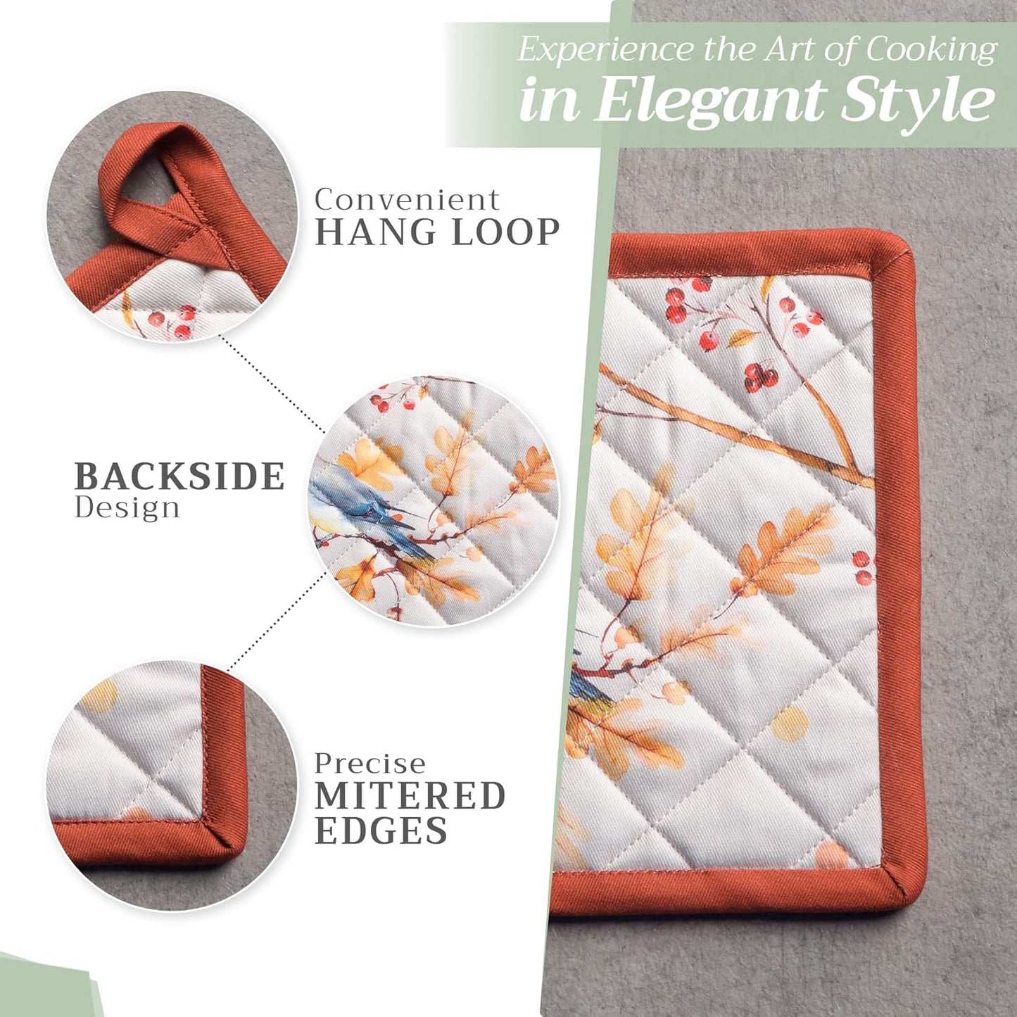 Maison d' Hermine Pot Holders Set 100% Cotton Heat Resistant Potholders 8" x 8" Hot Pads with Loop BBQ, Cooking, Baking, Grilling, Kitchen, Handling Hot Pans (Pack of 2, Oak Leaves)