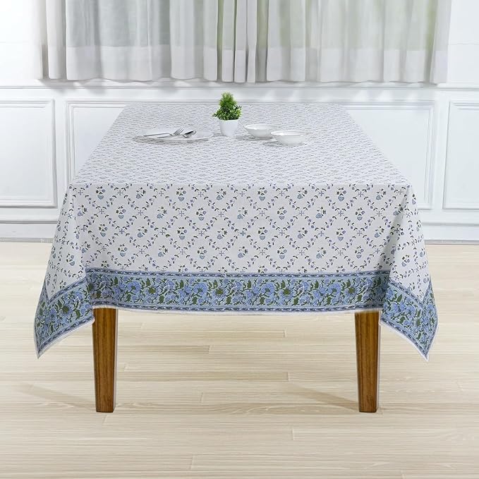 Ridhi Powder Blue Hand Block Print Cotton Rectangle Tablecloth 120 x 60 inch-Reusable Table Cover Decorative Everyday Use for Dining Room, Farmhouse, Thanksgiving, Christmas Wedding, Fall