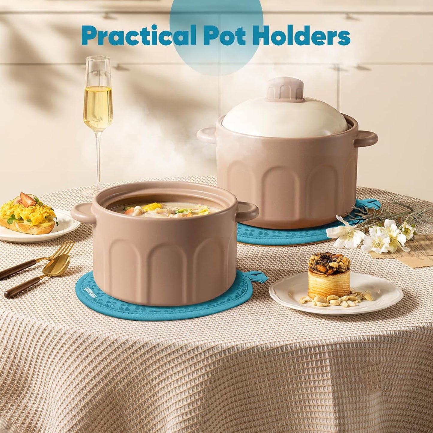 Oven Mitts and Pot Holders 4 Sets, Heat Resistant 500 ℉ Oven Mitt and Pot Holder,Oven Glove&Potholders with Non-Slip Silicone Surface,Kitchen Essentials for Cooking/Baking/BBQ-Lake Blue