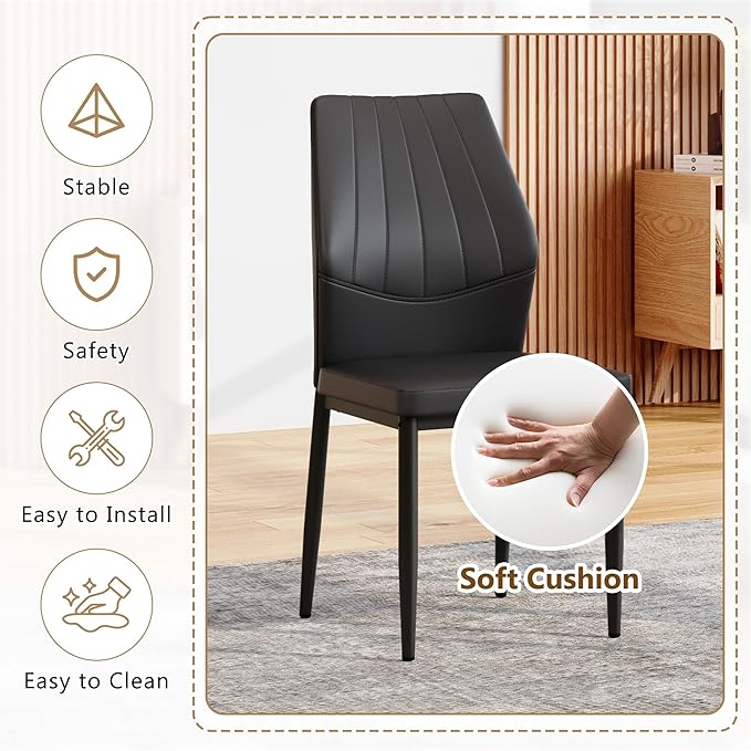 Black Dining Chairs Set of 8, Modern PU Leather Kitchen Chairs with Soft Cushion and Black Metal Legs, Waterproof and Easy to Clean, Armless Dining Chairs for Dining Room,Kitchen,Apartment