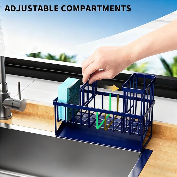 Cisily Navy Blue Sink Caddy Organzier with High Brush Holder, Sponge Holder for Sink, 304 Rustproof Stainless, Kitchen Countertop Soap Dispenser Organizer, Gray Blue Kitchen Decor and Accessories