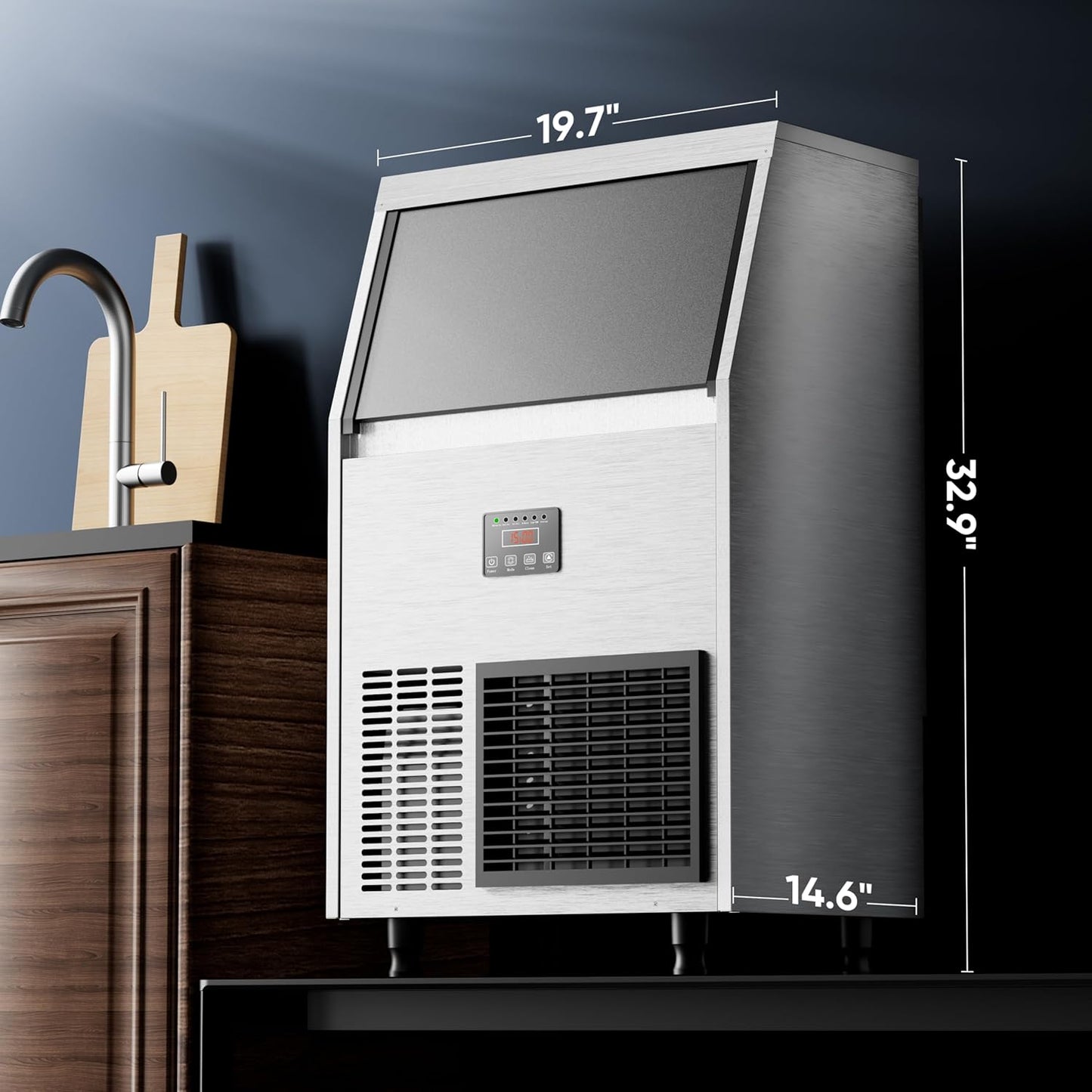 Coolake Commercial Ice Maker Machine 200 Lbs/24H with 50 Lbs Storage Bin, Stainless Steel Under Counter Ice Machine, Self Cleaning Freestanding Ice Maker for Home Bar Garage Outdoor Kitchen