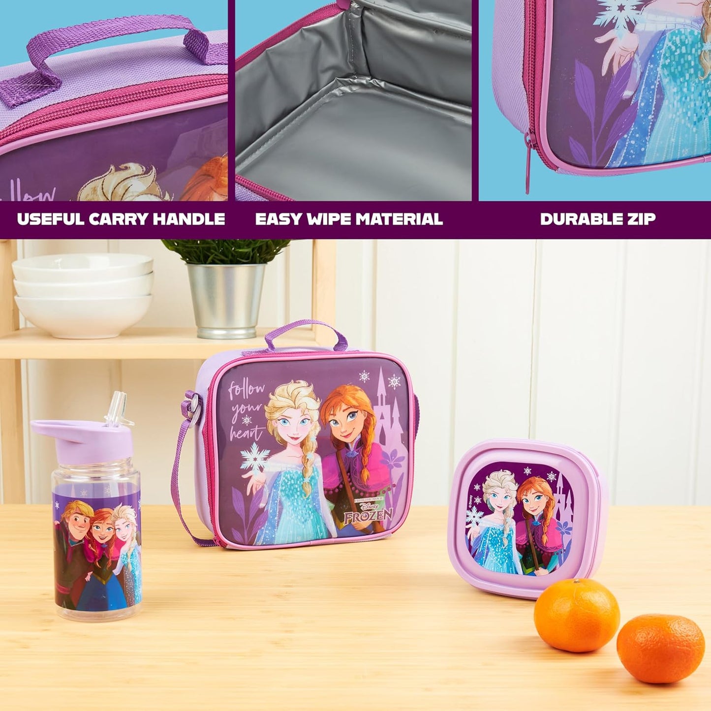 Get Trend Disney Frozen Kids Lunch Bag Set 3 Pc with Leak Proof Water Bottle and Small Lunch Box Insulated for School Daycare or Travel (Frozen)