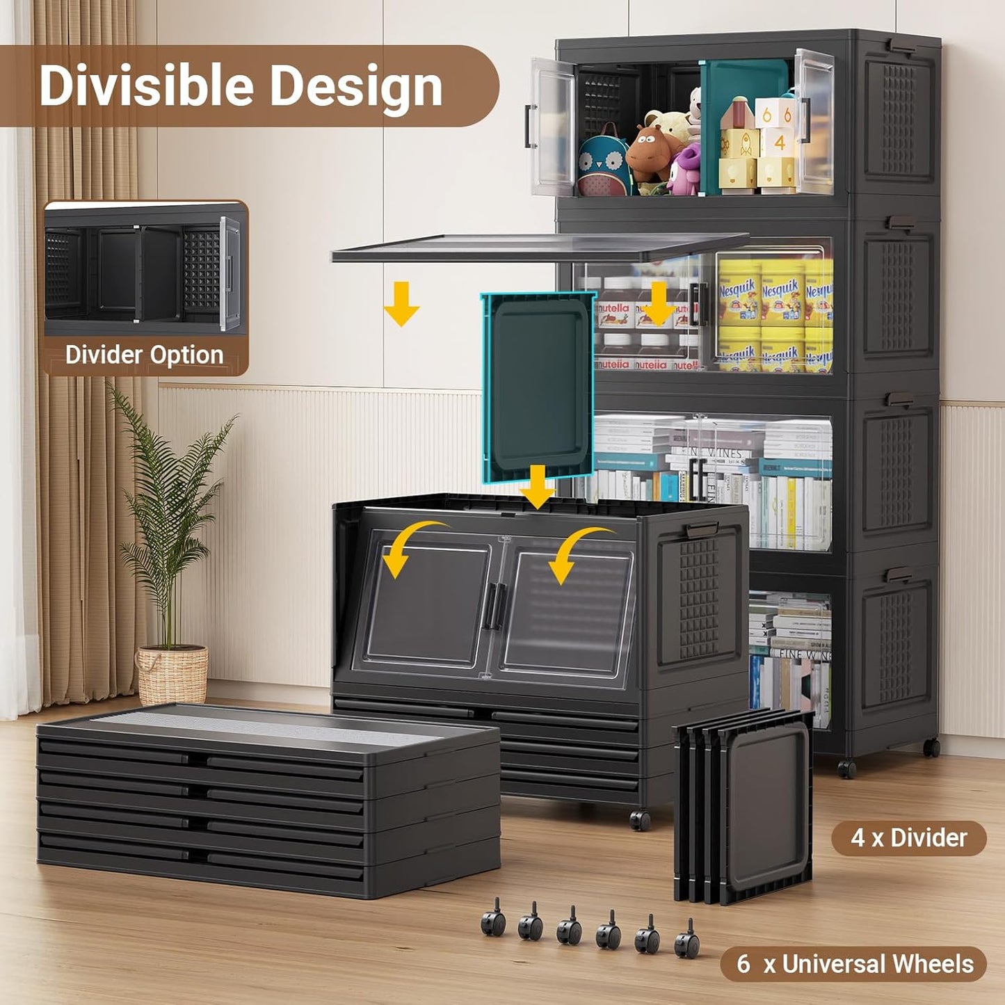 69.3"H 200Gal Plastic Storage Bins with Lid & Wheels,4Pack Extra Large Stackable Storage Bins with Dividers,Closet Organizers and Storage Cabinet Shelves Collapsible Box for Home Kitchen,Black