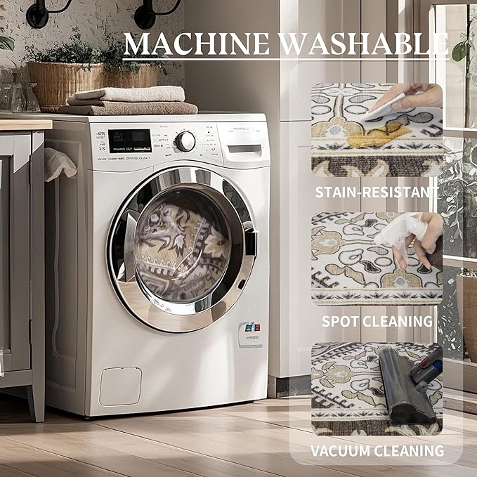 Area Rug for Living Room - Vintage Indoor Machine Washable Rug for Bedroom Dinning Room Floor - Soft Low-Pile Carpet Non-Slip Backing Floral Rugs for Office (Reddish Brown, 9' × 12')