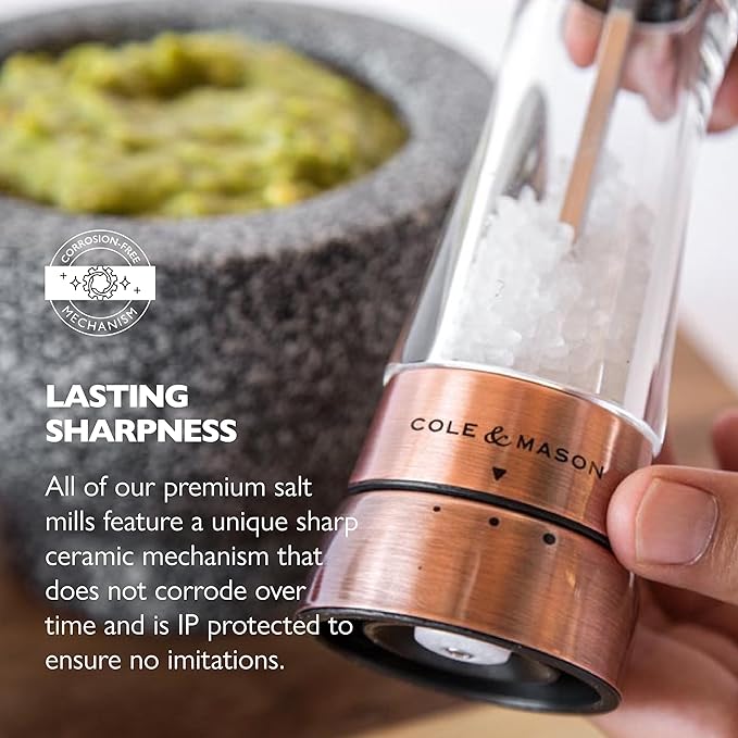 COLE & MASON Derwent Salt Grinder - Copper Mill Includes Gourmet Precision Mechanism and Premium Sea Salt