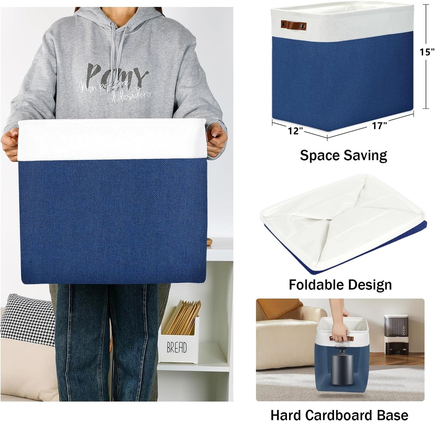 DULLEMELO 51L Large Baskets for Storage, Large Rectangular Baskets for Shelves [3 Pack], Blanket Basket Dog Toy Basket for Organizing Closet, Nursery, Clothes,Toys (White&Blue)