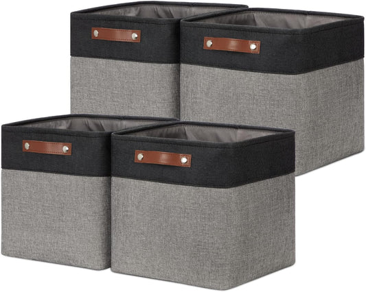 DULLEMELO Cube Collapsible Storage Bins, 12 inch Fabric Storage Cubes Bins Canvas Organization Baskets, Linen Closet Organizers Boxes for Home Organization and Storage (4 Pack - 12" Black&Grey)