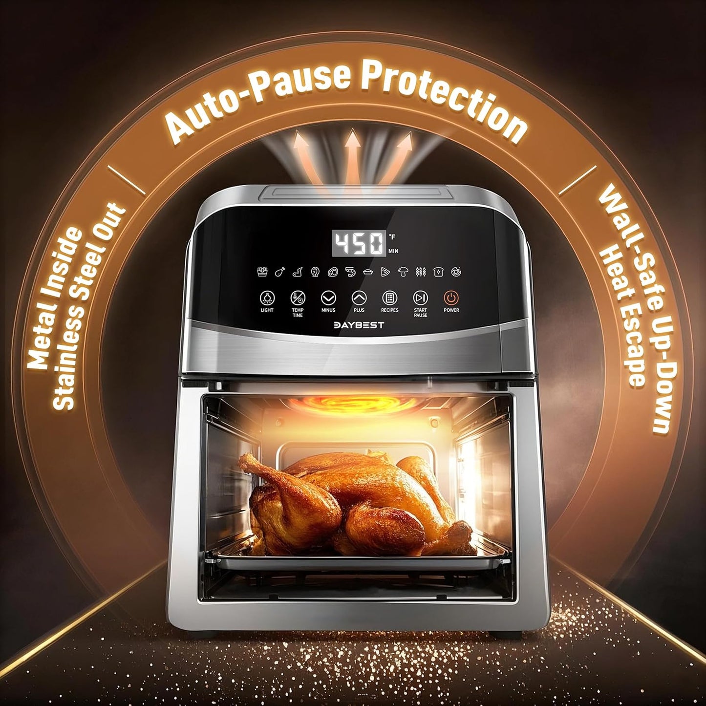 Stainless Steel Air Fryer Ceramic Coat Basket Non Toxic Metal Cavity 6 QT Compact for 2-3 PAX, DAYBEST Dual Heats Airfryer 450°F 12 in 1, Dishwasher Safed Pot, Plate, Rack & Liner (Stainless Steel)