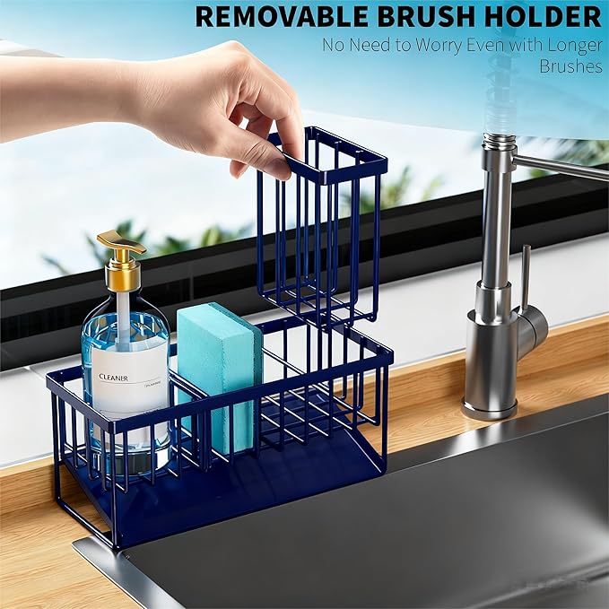 Cisily Navy Blue Sink Caddy Organzier with High Brush Holder, Sponge Holder for Sink, 304 Rustproof Stainless, Kitchen Countertop Soap Dispenser Organizer, Gray Blue Kitchen Decor and Accessories