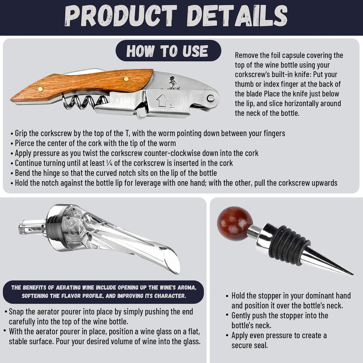 A&A Wonders Wine Accessories Set, Featuring 3 in-1 Multifunctional Waiters Corkscrew Bottle Opener, Wine Aerator Pourer Spout & Decanter, Air-Tight Wine Stopper.