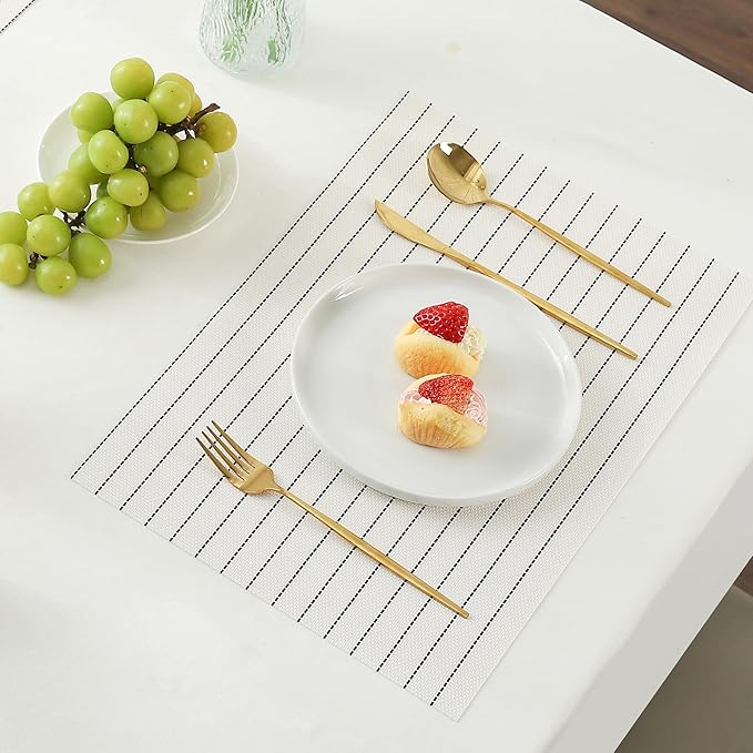 Leetaltree White with Black Stripes Placemats Set of 8 - Heat Resistant Non-Slip Place mats for Dining Table, Washable Durable PVC Vinyl Woven Table Mats（White Stripes, 8）