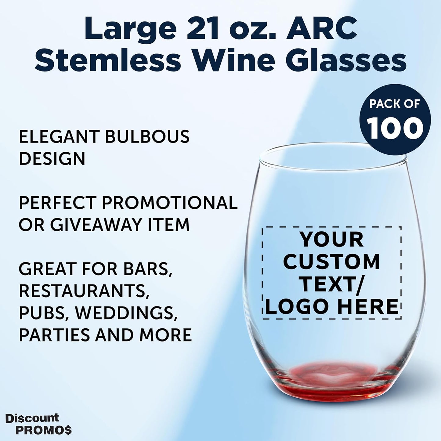 DISCOUNT PROMOS 100 ARC Stemless Wine Glasses Set, 21 oz. - Customizable Text, Logo - Chardonnay, Cabernet, Merlot, Sauvignon - Red