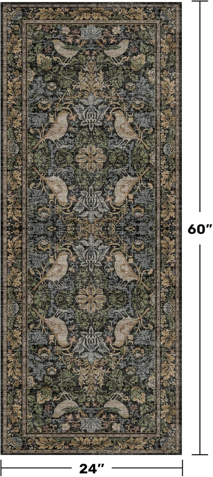 Floral Kitchen Runners - 2x5 Runner Rug for Hallway Bathroom Laundry Room Bedroom Beside Bed Entryway, Boho Birds Leaves Patterned Non Slip Low Pile Washable Rugs