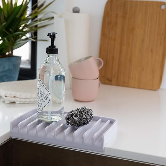 Effilogic Silicone Sponge Holder – Self-Draining Kitchen Sink Organizer, Quick Dry Mat and Counter Protector – Dishwashing Accessories for Sponges, Brushes, and Soap - Large White