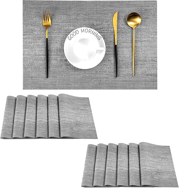 Leetaltree Grey Placemats, Heat Resistant Non-Slip Place mats for Dining Table, Washable Durable PVC Vinyl Woven Table Mats (Set of 12)