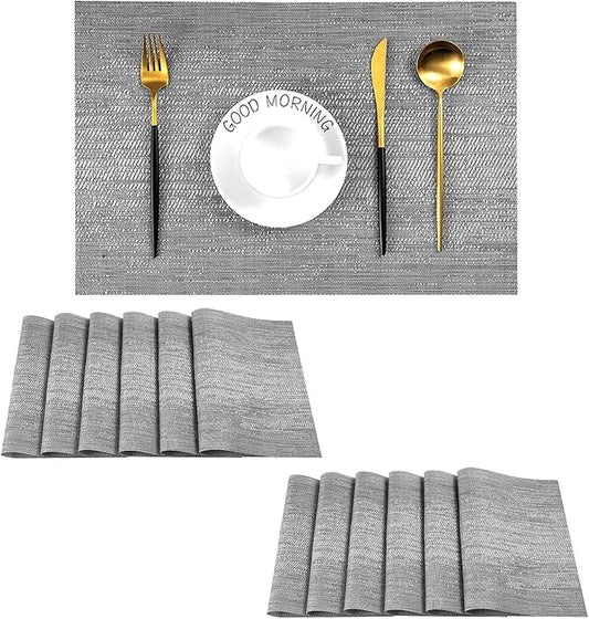 Leetaltree Grey Placemats, Heat Resistant Non-Slip Place mats for Dining Table, Washable Durable PVC Vinyl Woven Table Mats (Set of 12)