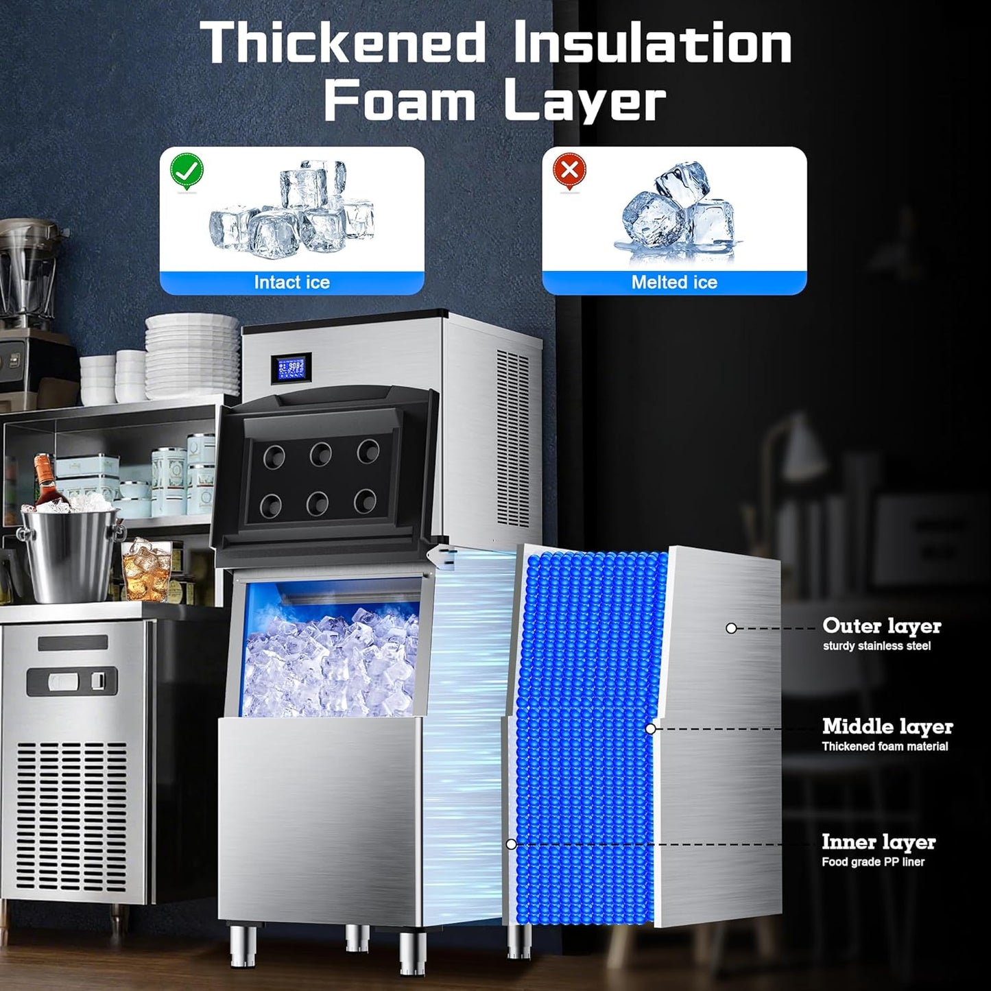 Commercial Ice Maker Machine 400Lbs/24H with 250Lbs Large Ice Storage Bin,Stainless Steel Industrial Ice Machine 156 Ice Cubes/Cycle with Touch Screen,Self-Cleaning for Restaurants Bars Cafes