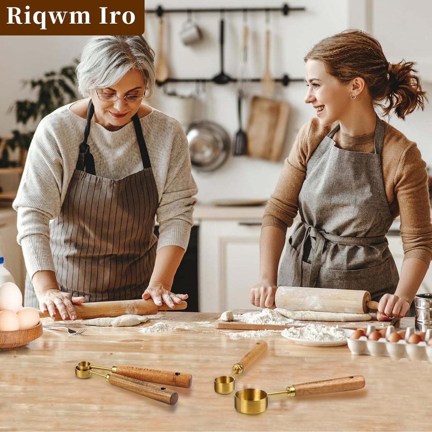 Gold Measuring Cups and Spoons Set of 4, Golden Stainless Steel Measuring Cups with Wooden Handles brass Measuring Spoons Set for Baking Supplies