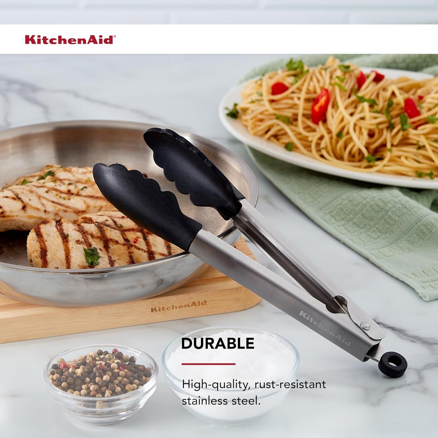 KitchenAid Silicone Tipped Stainless Steel Tongs, 9 Inch, Black