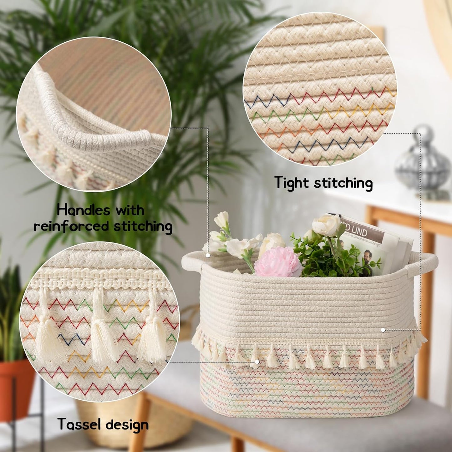 TeoKJ Woven Baskets for Storage, Set of 3 Cotton Rope Basket with Handle for Decor and Storage, Cute Baskets for Organizing in Classroom, Kitchen, Bathroom, White & Stitches Rainbow