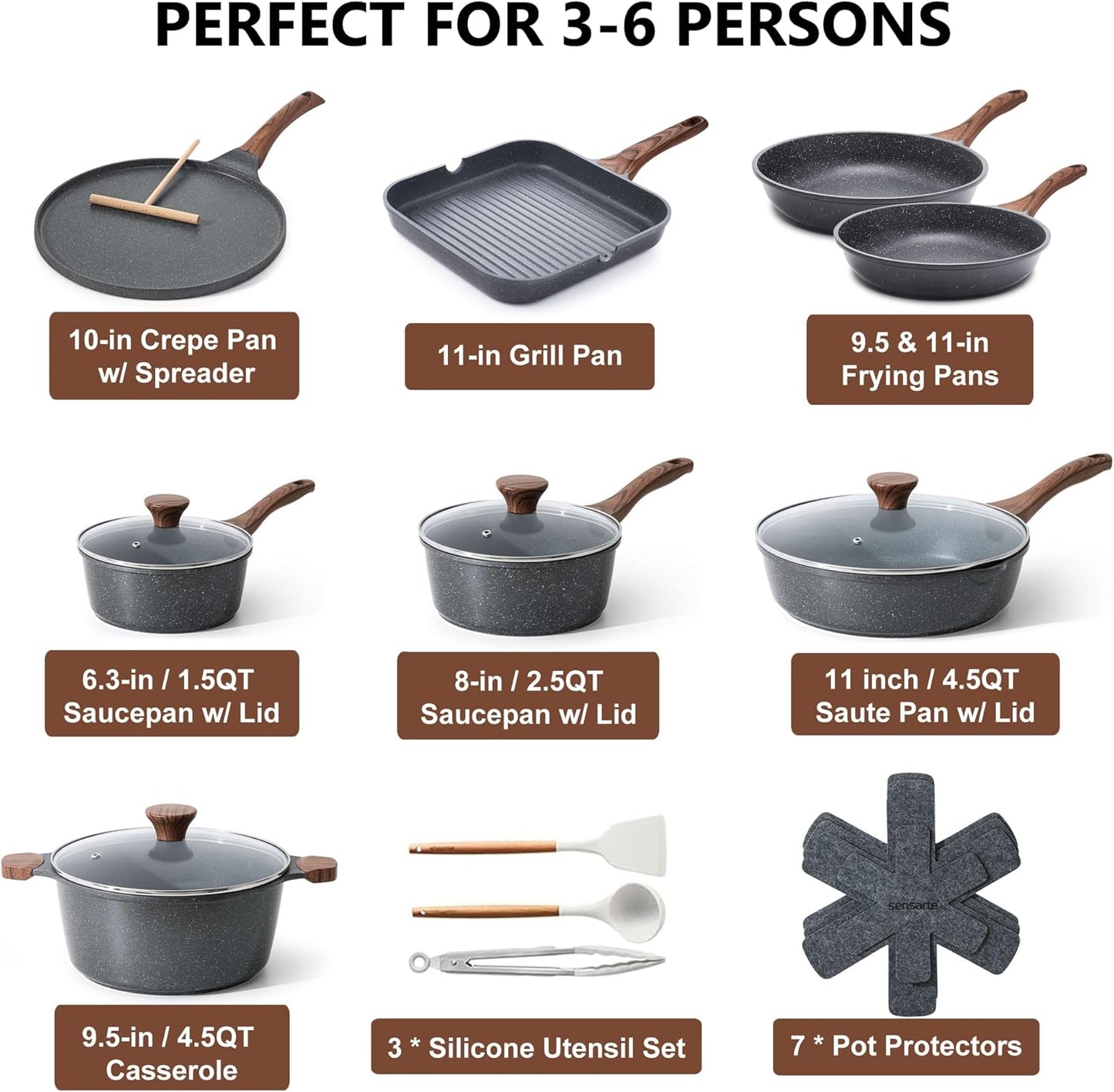 SENSARTE Nonstick Cookware Set 23-Piece, Non Stick Pots and Pans Set with Swiss Granite Coating, Healthy Kitchen Cooking Set, Stay-Cool Handles