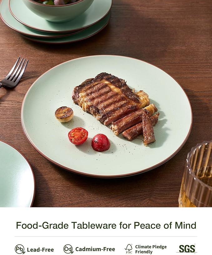 Famiware Venus Plates and Bowls Sets, 12 Pieces Stoneware Speckled Dinnerware Sets, Dishes Set for 4, Microwave and Dishwasher Safe, Matte Light Green