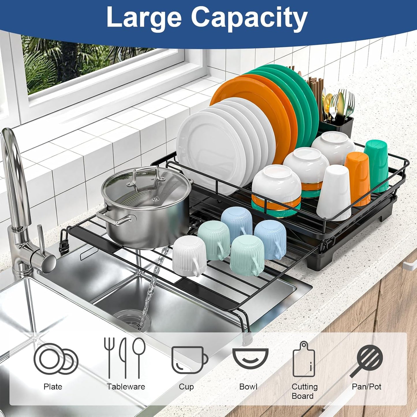 Extendable Dish Racks 16.3"-21.6" L x 16.7" W,Stainless Steel Dish Drying Rack for Kitchien Counter, Anti-Rust Dish Strainer with Cutlery Holder