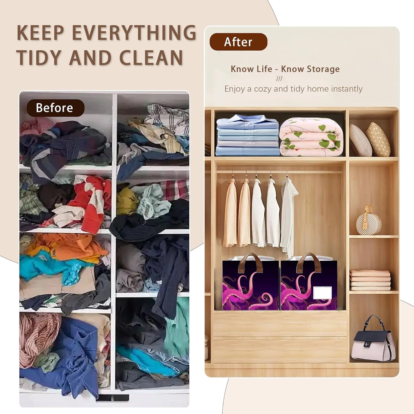 Ocean Life Storage Basket Large 17x11.5x10.5 Inche-Collapsible Fabric Organizer Bin with Handles for Beach House, Kids Room, Marine Theme-Decorative Hamper with Sea Creature Tentacle-Single Pack