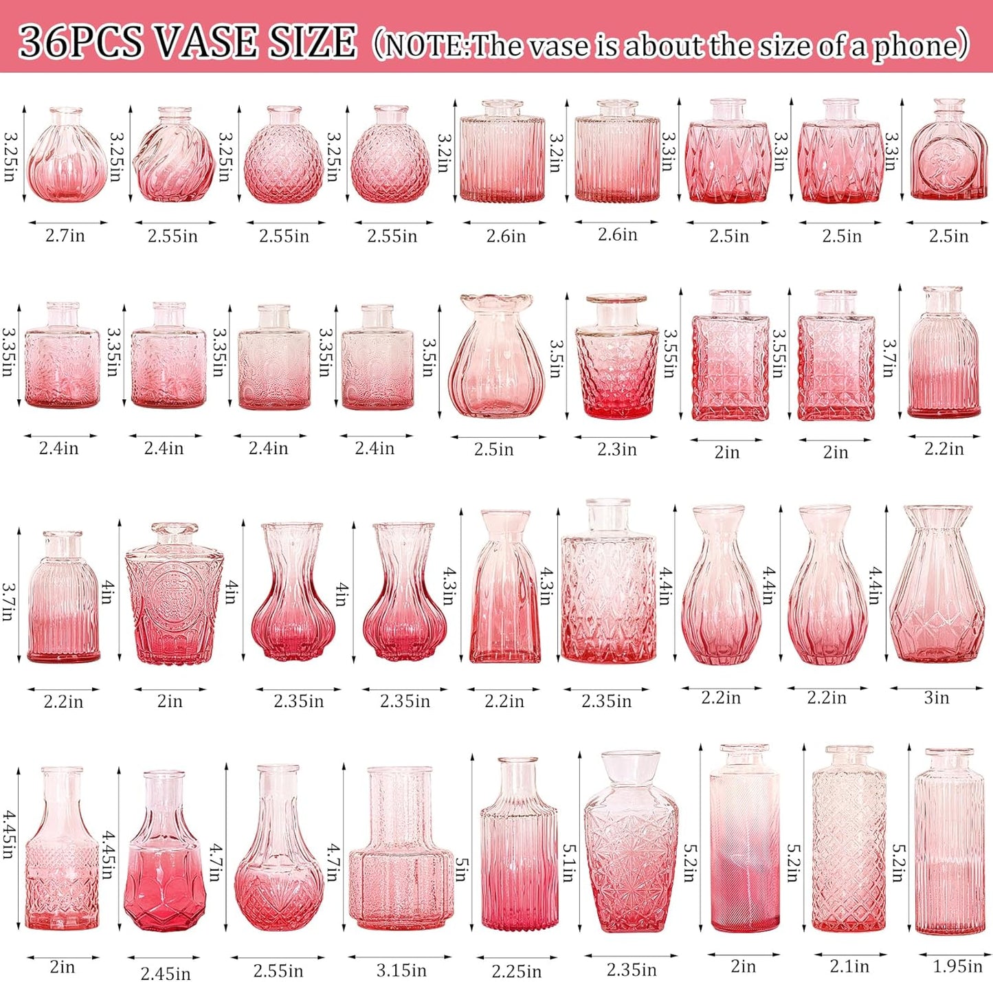 36Pcs Bud Vases Set Small Vintage Glass Bottles Pink Bud Vases in Bulk Multiple Shape Cute Glass Vases for Rustic Wedding Centerpieces Table Decorations and Home Decor(Pink)