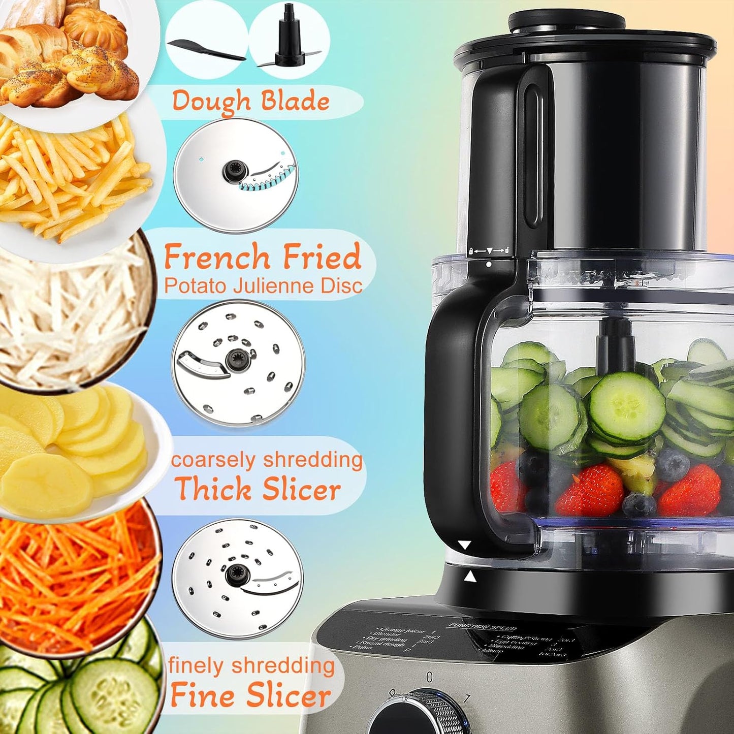 14 Cup Food Processor, French-Fry-Cutter, Blending, Mixing, Shredding, and Slicing, Meat and Vegetable Chopping, Doughing for Home Use, Mincing, and Pureeing,4 Speeds,600W