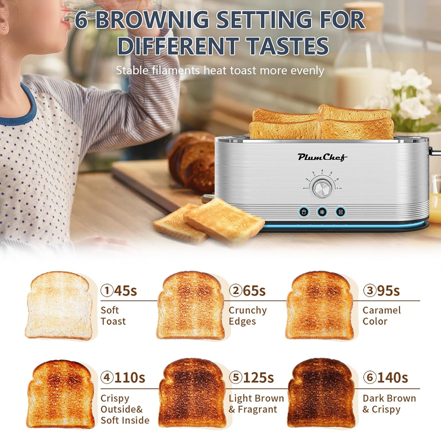 4-Slice Long Slot Toaster, 7 Browning Settings, Defrost/Reheat Functions, Removable Crumb Tray, Full body Stainless Steel Housing, 1350W, Anti-Fingerprint & Anti-Jam,Silver