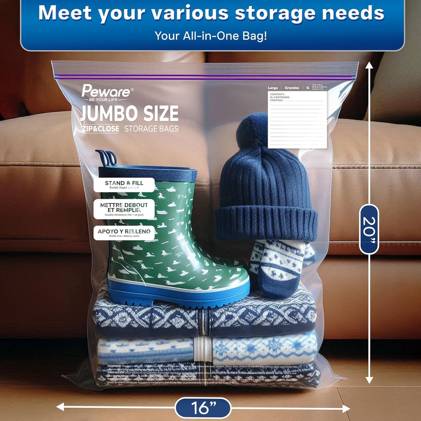 Large Storage Bags, 16"x20" Jumbo Plastic Bag, BPA Free, 3.5 Gallon XL Zipper Lock Baggies for Clothes Pillow Travel Moving - 30 Roomy Bags