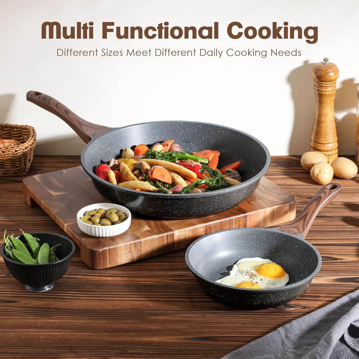 SENSARTE Nonstick Frying Pan Skillets, Swiss Granite Coating Omelette Pans, Healthy Cookware Chef's Pan, Free of Intentionally Added PFOA (8+12.5 Inch)