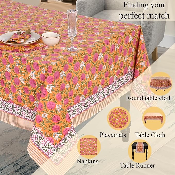 Ridhi Bubblegum Pink Hand Block Print Cotton Rectangle Tablecloth 120 x 60 inches Reusable Table Cover Decorative Everyday Use for Dining Room, Farmhouse, Home, Party, Festive & Wedding, Fall